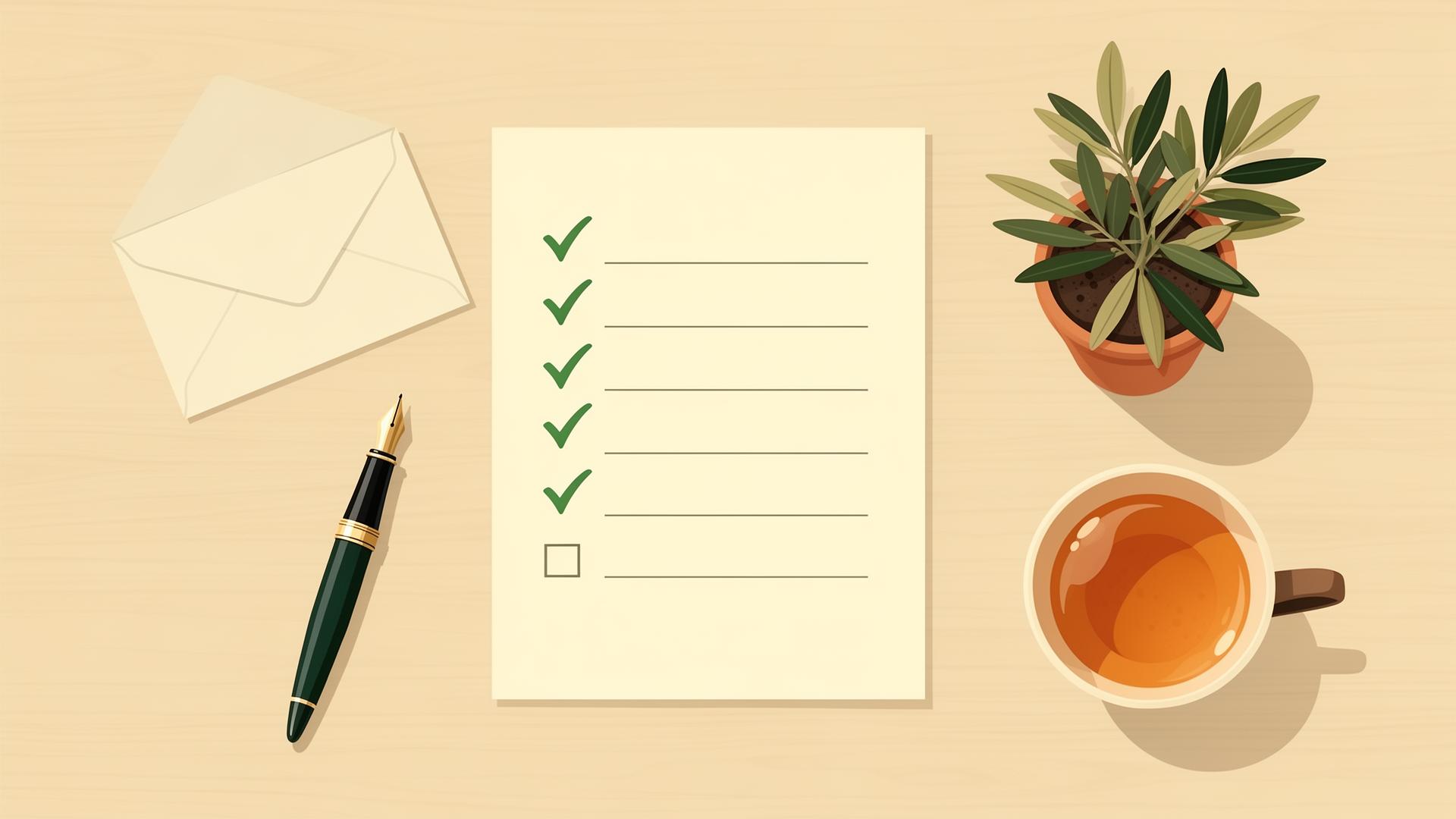 Illustration éditoriale d'un bureau en bois clair avec une checklist cochée, un stylo plume, une enveloppe et une tasse — symbole d'organisation calme après un décès