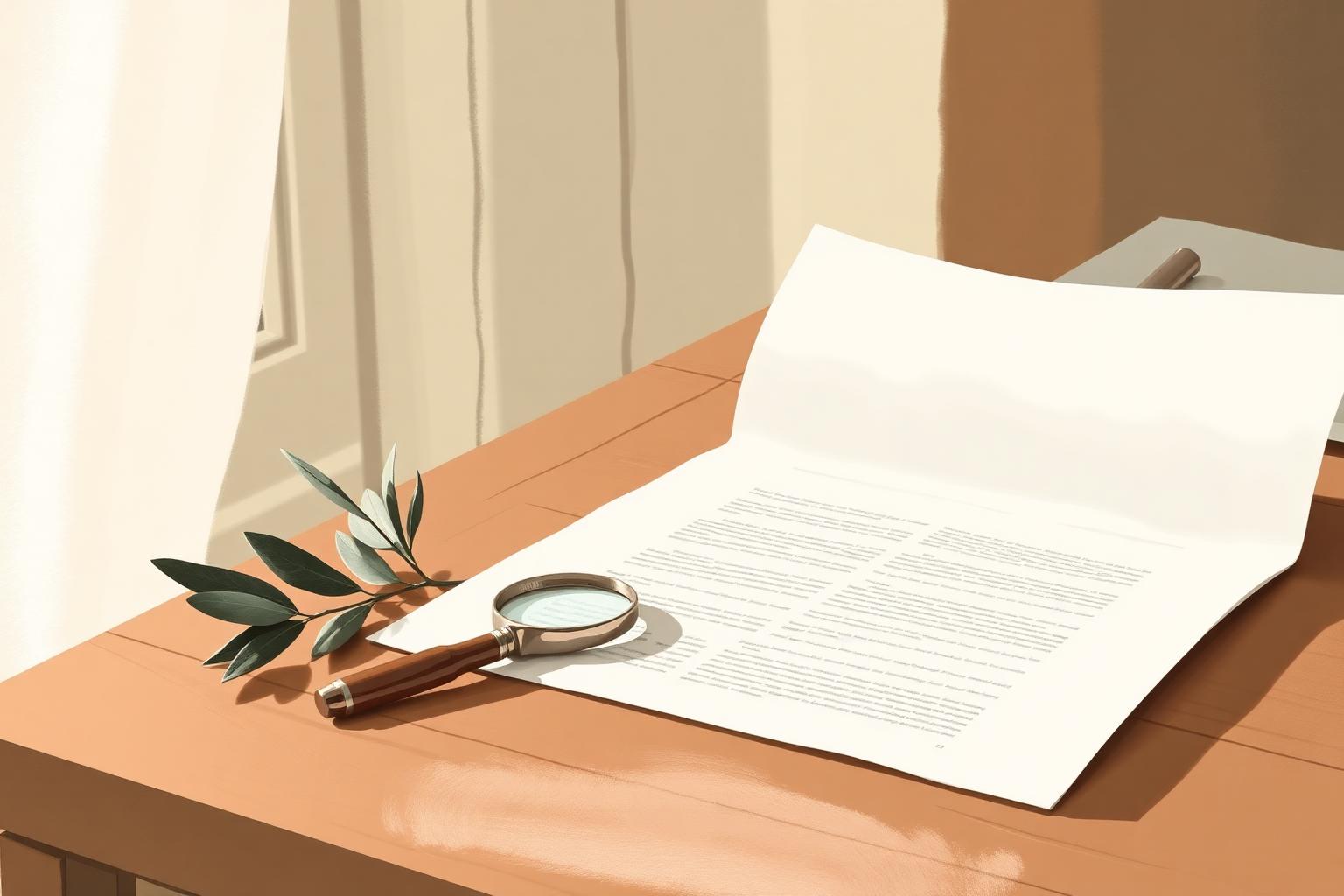 Illustration éditoriale d'un bureau en bois clair avec un contrat d'assurance, une loupe, un stylo plume et un brin d'olivier — symbole de la lecture attentive avant de signer une prévoyance obsèques